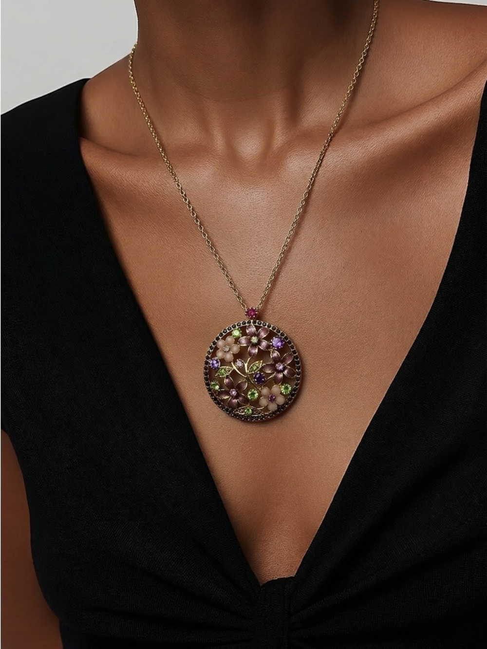 Enamel Flowers & Rhinestones In A Circular Pendant & Gold Tone Chain